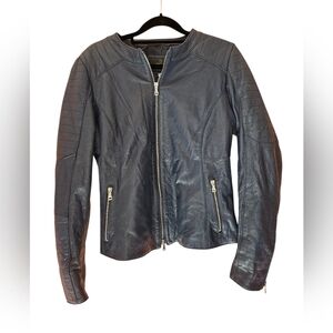 Vera Pelle Italian Leather Moto Jacket, Size 48, Navy Blue, EUC